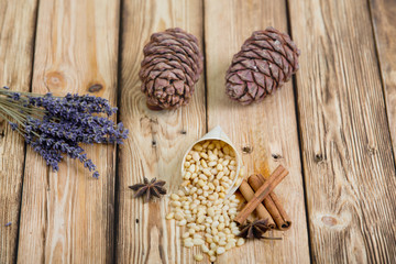Nuts on a wooden table