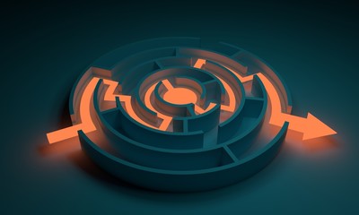 Illuminated arrow as path across circular labyrinth. Right way concept. 3D rendering
