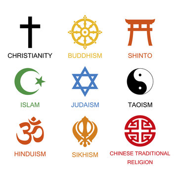 Vector illustration. World religious signs and symbols collection in colour with inscriptions