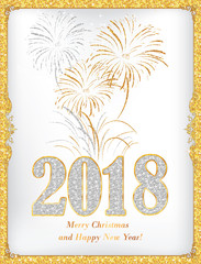 Merry Christmas and Happy New Year - greeting card / background with gold glitter texture and sequins pattern