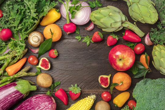 Overhead Photo Of Fresh Vegetables And Fruits With Copy Space