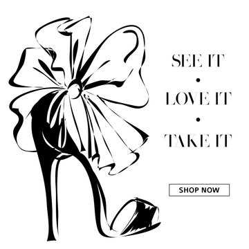 black and white fashion high heels shoes promo banner, online shopping social media ads web template with beautiful heels. Vector illustration