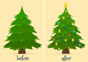 Christmas tree before and after decoration. Fir in forest and in room with gifts and lights.