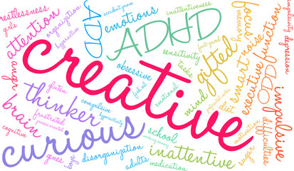 Creative ADHD Word Cloud on white background. 