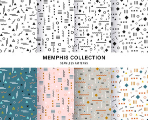 Memphis pattern collection set. Abstract geometric patterns. Memphis background. Black white seamless patterns and colorful geometric patterns