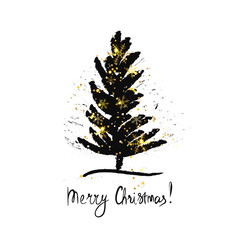 Card design with a hand drawn Christmas tree and Merry Christmas text.