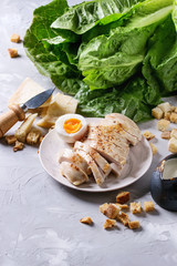 Ingredients for cooking classic Caesar salad. Sliced baked chicken breast, green roman salad, parmesan cheese, boiled egg, croutons, salt, jug of sauce over gray texture background. Copy space.