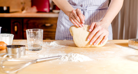 Obraz na płótnie Canvas Woman's hands knead dough on a table