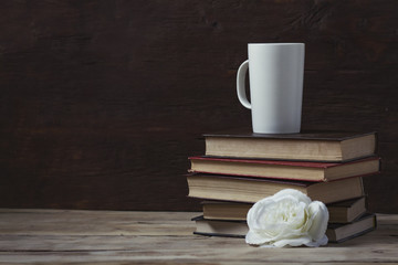 Composition, white rose and on the books a white cup on a wooden background
