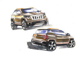 Design sporty exterior car is drawing brush color painting. Vehicle is dynamics and type off road. Sketch is sketched with lights lines and luxurious curves.