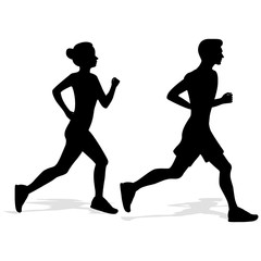 Man and woman jogging, black silhouettes isolated on white, vector illustration.