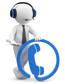 3d M&auml;nnchen mit Headset Telefonsymbol blau