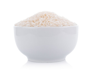 Pile of white rice in bowl on white background