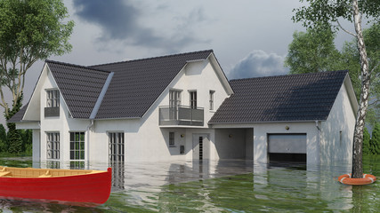 Haus nach Hochwasser mit Boot und Rettungsring