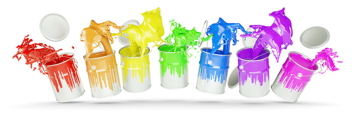 Bunte Farben in Farbeimern als Regenbogen
