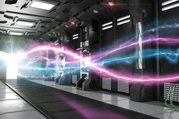 Helle Lichtstrahlen aus Energie im Sci-Fi Raumschiff