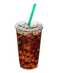 Cola glass with crushed ice in large or big takeaway disposable cup isolated on white background	