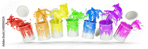 Bunte Farben in Farbeimern als Regenbogen