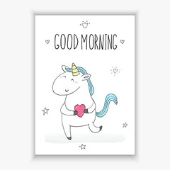 Cute unicorn print for kids. good morning card