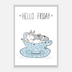 Hello Friday card. Cute Unicorn takes a bath in a porcelain cup. Printable templates