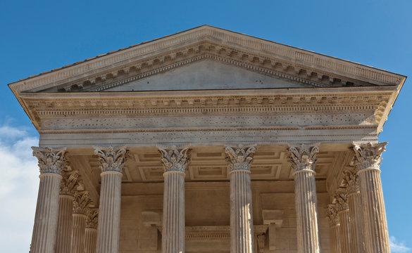 Detail of Maison Carree facade, Nimes, Languedoc-Roussillon, France