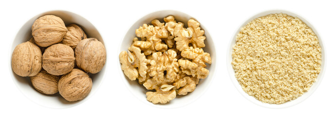 Whole walnuts, kernel halves and ground walnuts in white bowls on white background. Seeds of the common walnut tree Juglans regia, used as snack or for baking. Macro food photo close up from above.