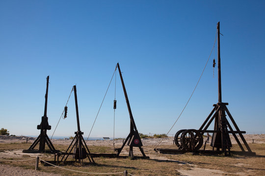 Replica catapults (trebuchet), Les Baux-de-Provence, Provence-Alpes-Cote d'Azur, France