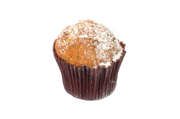 Tasty muffin with sugar powder on white background