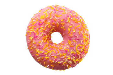 donut with pink frosting and colorful sugar sprinkles isolated on white background