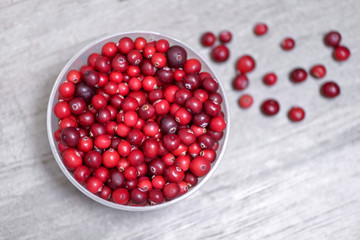 Cranberries in a glass on a gray background with red berries