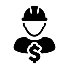 Construction Worker Icon Vector Dollar Sign Symbol with Male Person Profile Avatar With Hardhat Helmet in Glyph Pictogram Symbol illustration