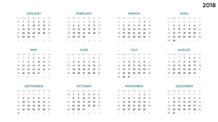 Calendar infographic, table chart, presentation chart. Business period concept. Task manager. Week, month. 2018 year. Time management. Organizer date diary. First day Sunday.