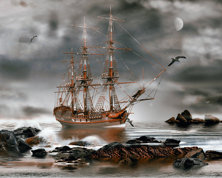 altes Segelschiff , Dreimaster, Fregatte auf hoher See
