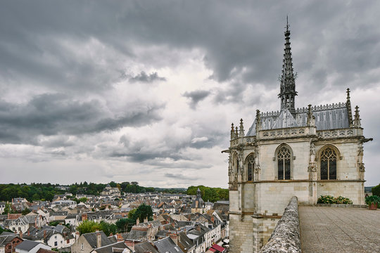 Elevated view of rooftops and Saint Hubert Chapel where Da Vinci is buried, Amboise, Loire Valley, France