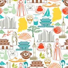 Korea seamless pattern. Korean traditional symbols and objects