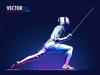Fencer. Man wearing fencing suit practicing with sword. Sports arena and lense-flares. Neon effect. Vector illustration. - obrazy, fototapety, plakaty