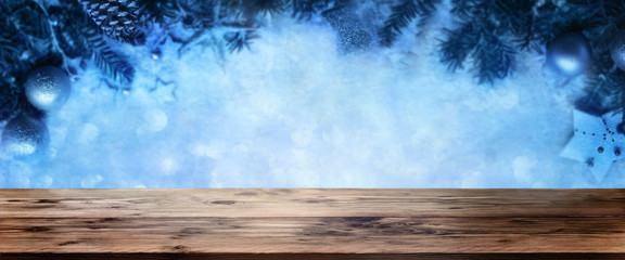 Ice blue christmas background with empty table