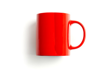 Red and white coffee cup mockup lying on white background.