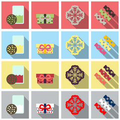 Set of winter New Year and Christmas icons in flat style with shadow