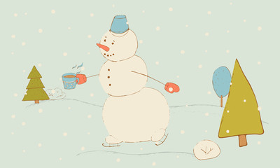 Snowman on skates with a mug. Card, banner, winter greetings.