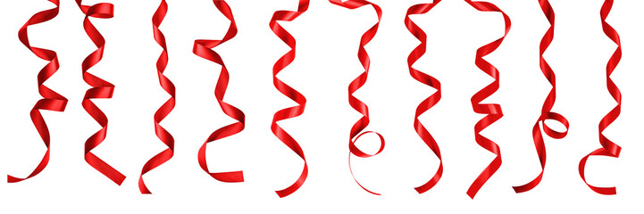 Red satin ribbon scroll set isolated on white background with clipping path for Christmas and wedding card design decoration element