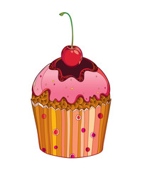 Vector outline cupcake with Cherry ripe berry isolated on white background. Drawing of cake with cherry fruit in contour style for summer and sweet food design or bakery.