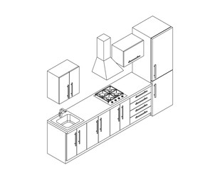 Kitchen room furniture on white background. Vector outline illustration.