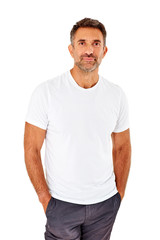 Confident mature man standing on white background