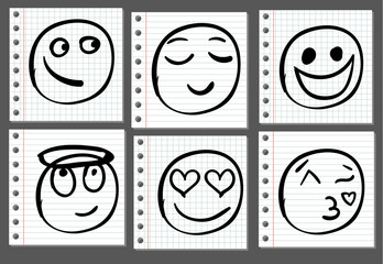 Doodle sketched smiles on notebook page. VECTOR. Black lines.