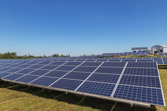 rows array of polycrystalline silicon solar cells in solar power plant turn up skyward absorb the sunlight from the sun use light energy to generate electricity 