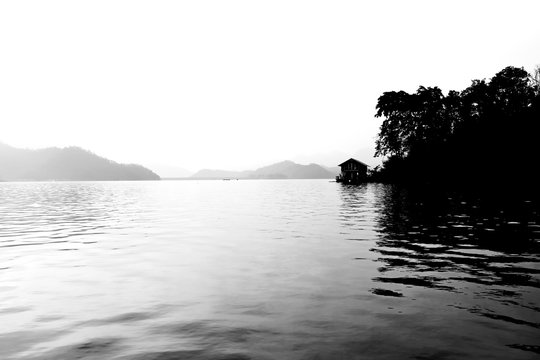 Fototapeta Beautiful mountain hill and river nature on black and white color shape for background.  