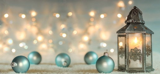 Christmas background with lantern and balls. Panoramic image