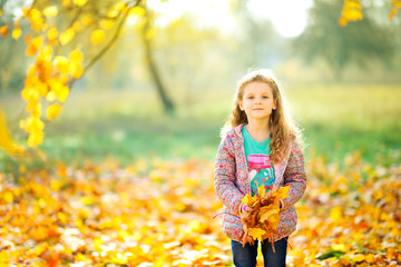 happy girl is walking in a beautiful evening park playing and tossing autumn leaves.