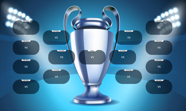 Football tournament scheme. Football infographic template. Shining silver cup with projectors